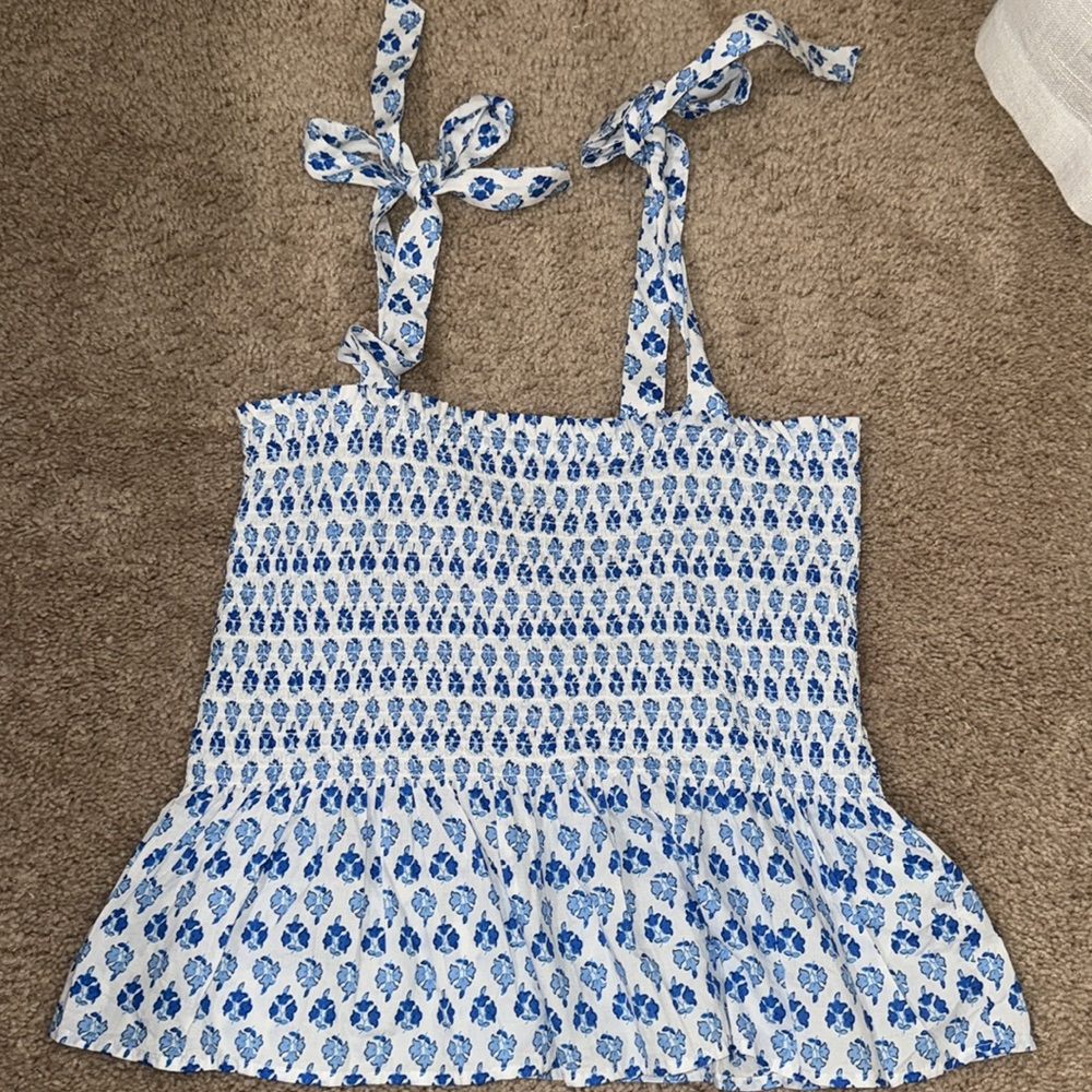 J.Crew Blue and White Smocked Tank Top